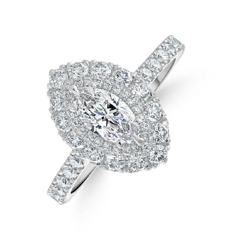 Timeless silver engagement rings-Platinum Marquise-Shaped Diamond Double Halo Cluster Ring with Diamond Shoulders