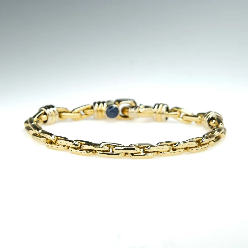 Surf theme bangles-Chunky Elongated Cable Link Bracelet with Sapphire Accents in 18K Yellow Gold