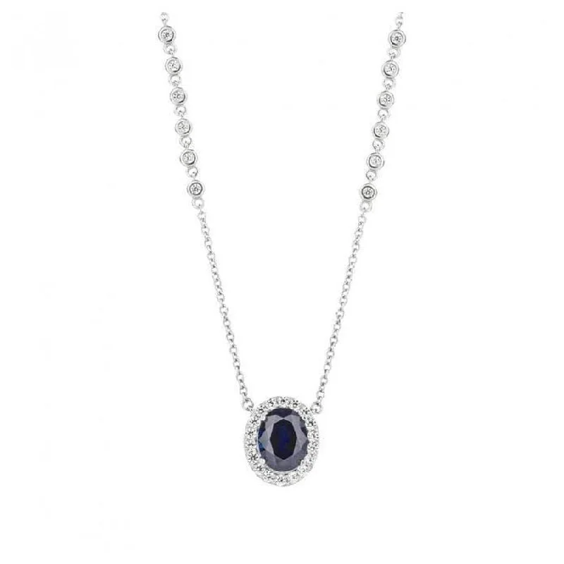 Owl motif engagement rings-Silver Oval Blue & White Cubic Zirconia Halo Cluster Pendant