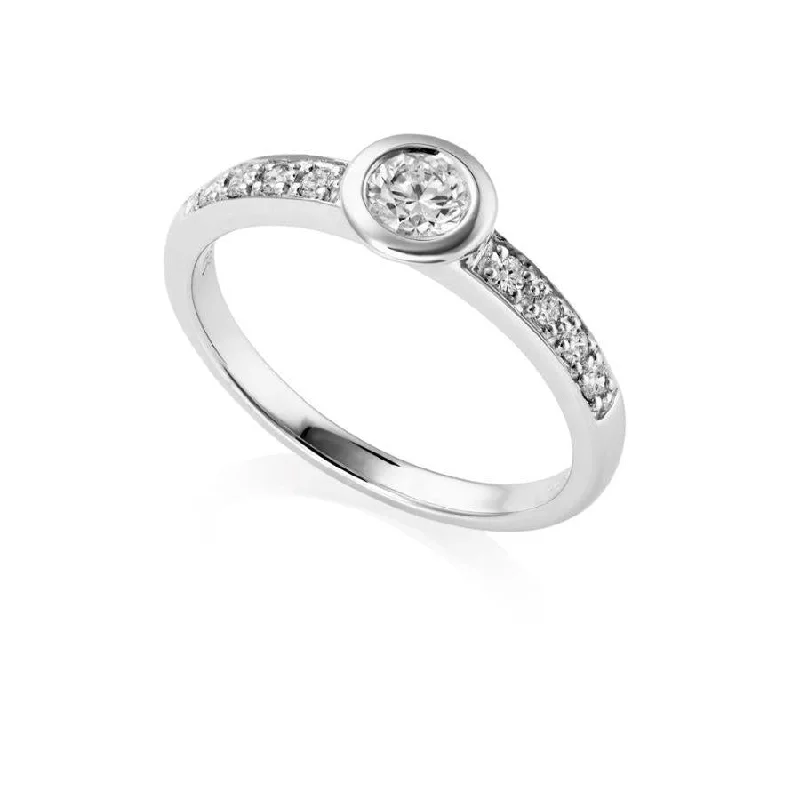 Art deco stone engagement rings-18ct White Gold Rubover Set Round Brilliant Cut Solitaire Ring with Diamond Shoulders