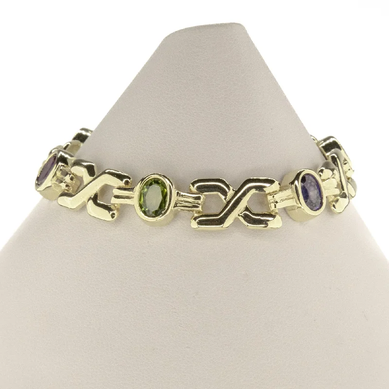 Polished word bangles-Women's Multi Colored Gemstone 7.5" Tennis Bracelet in 14K Yellow Gold