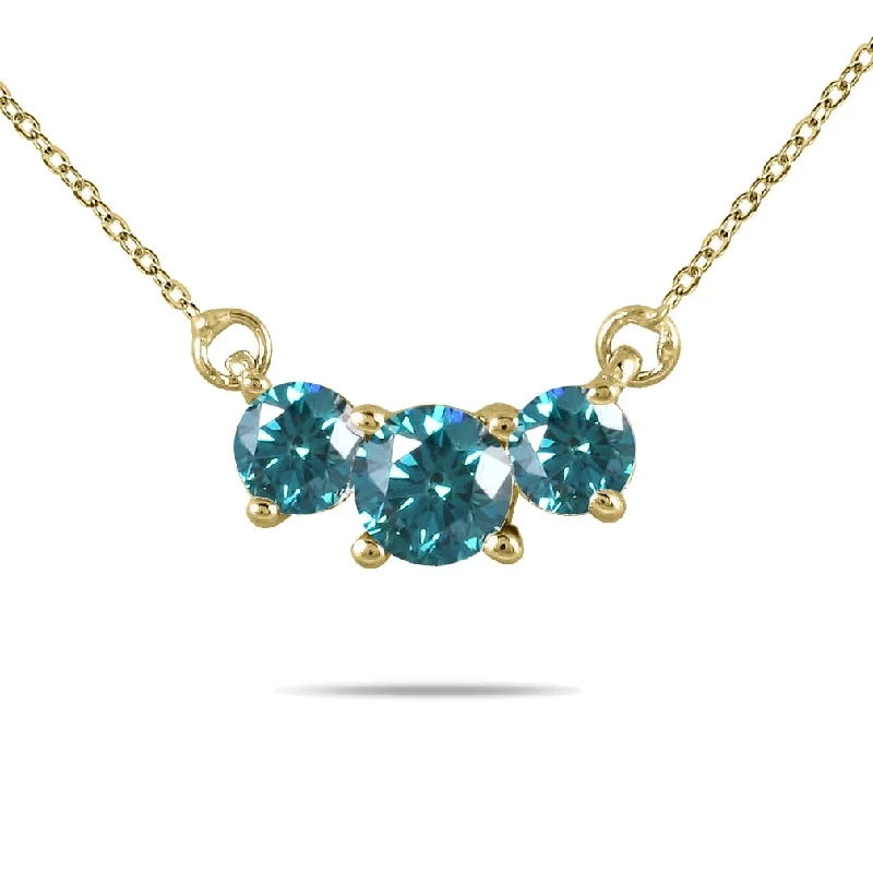 Coiled thread necklaces-1 Carat TW Blue Diamond Three Stone Pendant Necklace in 14K Yellow Gold