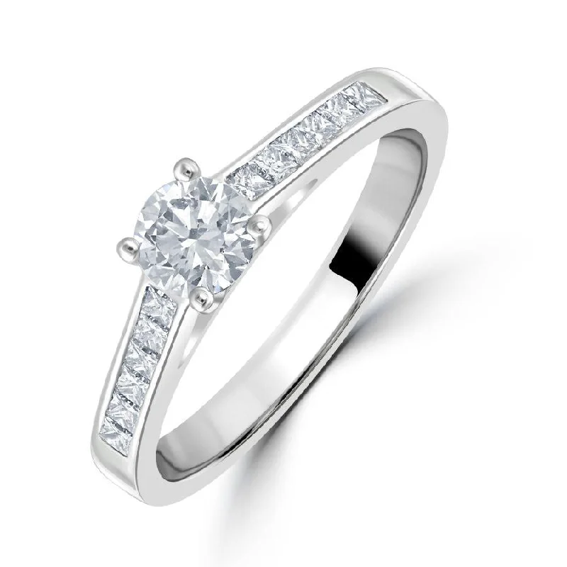 Petite heart engagement rings-0.66ct Round Brilliant Cut Diamond Solitaire Platinum Ring with Diamond Shoulders