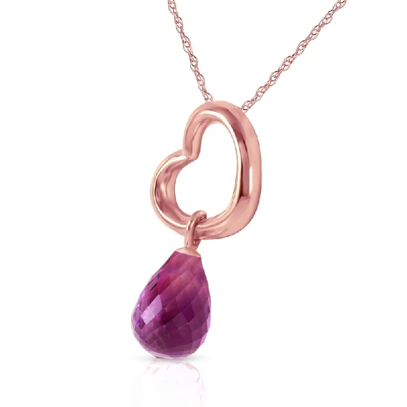 Worn pendant necklaces-14K Solid Rose Gold Heart Necklace with Dangling Natural Amethyst