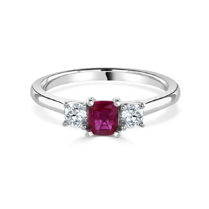 Heavy gem engagement rings-Platinum Cushion Cut Pink Sapphire & Round Brilliant Cut Diamond Trilogy Ring