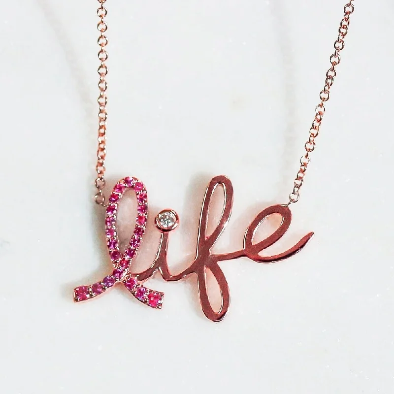 Multi-layer necklaces-Annello by Kobelli 14k Rose Gold Breast Cancer Awareness Pink Sapphire and Diamond Accent 'Life' Necklace