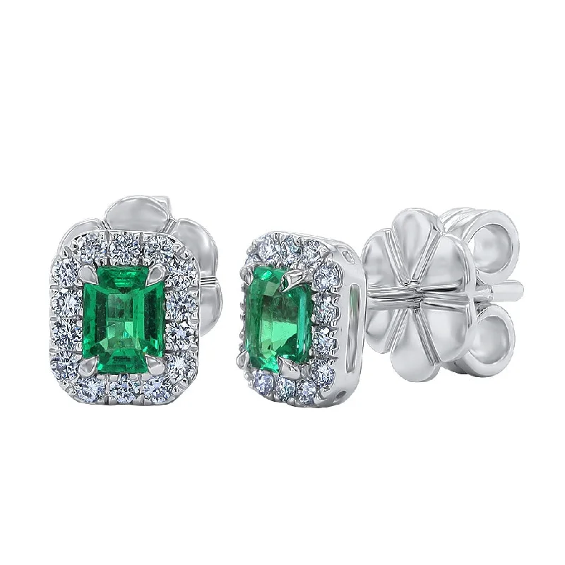 Satin finish engagement rings-18ct white gold Emerald & Diamond Halo cluster earring