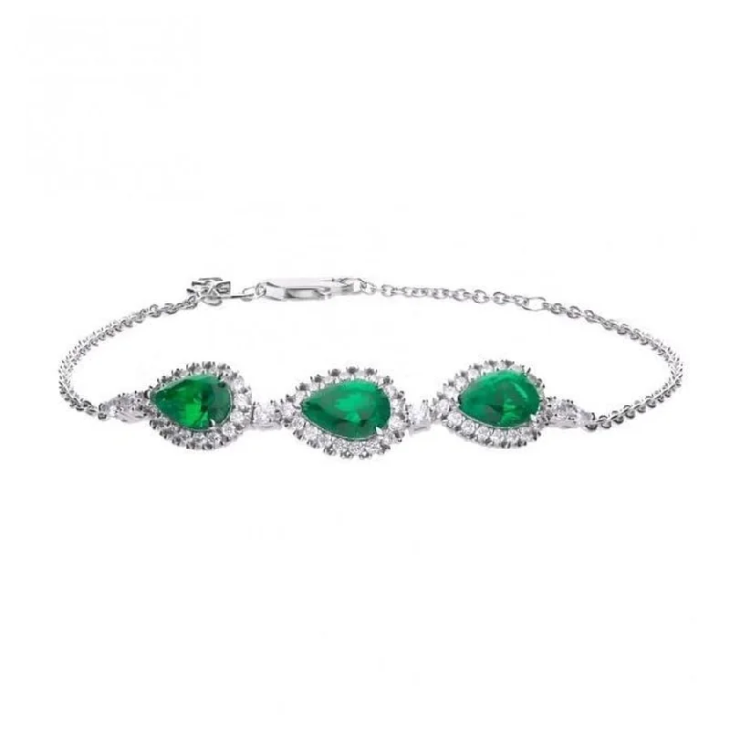 Bold geometric engagement rings-Silver Pear Shaped Green & White Cubic Zirconia Cluster Bracelet