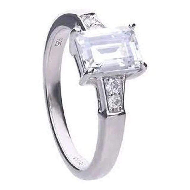 Dainty diamond engagement rings-Silver Claw Set Emerald Cut Cubic Zirconia Ring