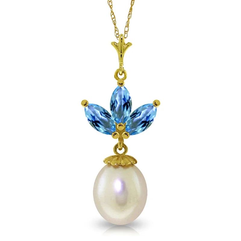 Jazz age necklaces-4.75 Carat 14K Solid Gold Gemstone Necklace Pearl Blue Topaz