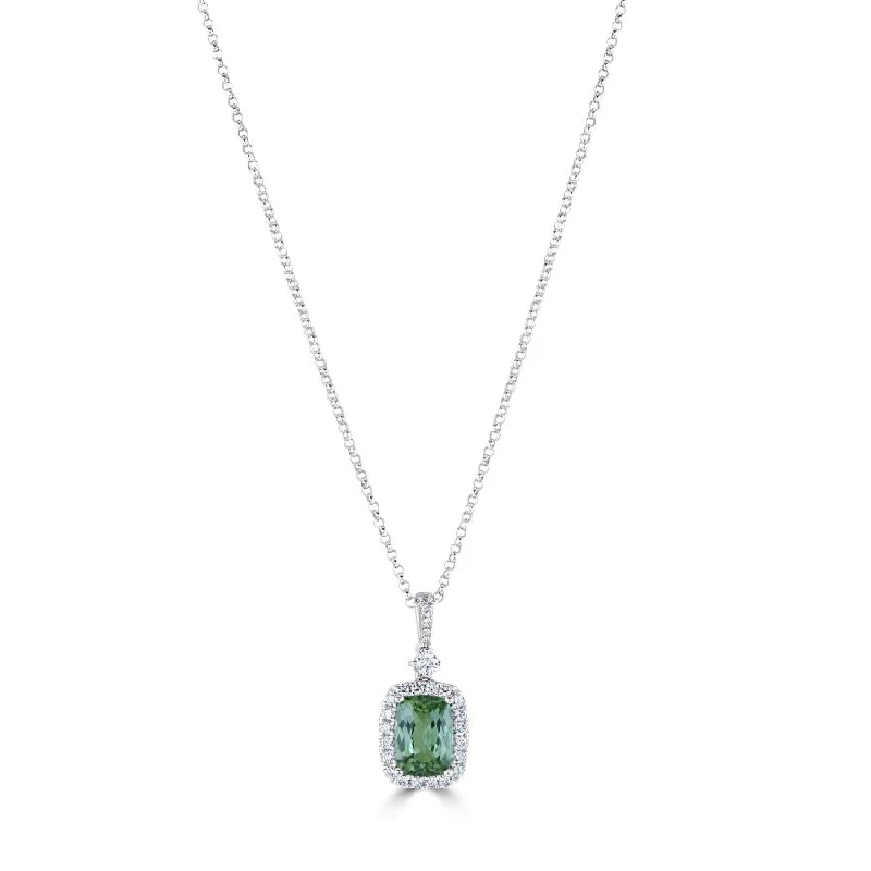 Sleek gold engagement rings-18ct White Gold Green Tourmaline & Diamond Halo Cluster Pendant