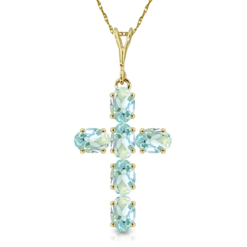 Thin yarn necklaces-1.5 Carat 14K Solid Gold Cross Gemstone Necklace Natural Aquamarine