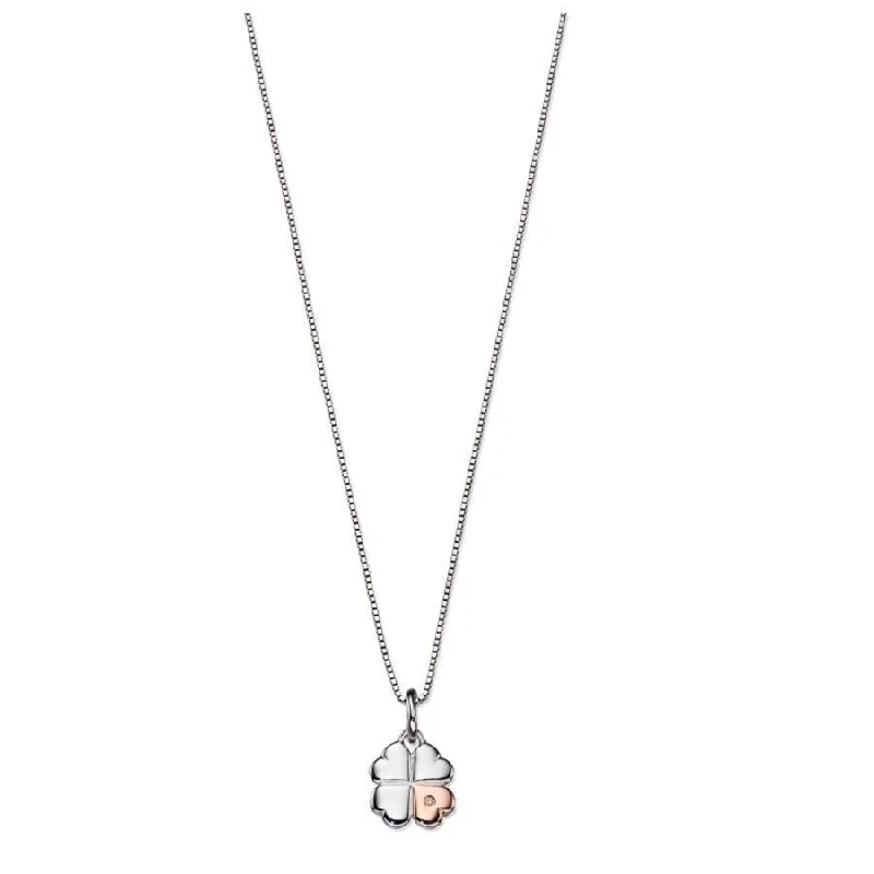 Hammered gold engagement rings-Silver & Rose Gold Plated Diamond Set Clover Pendant & Chain