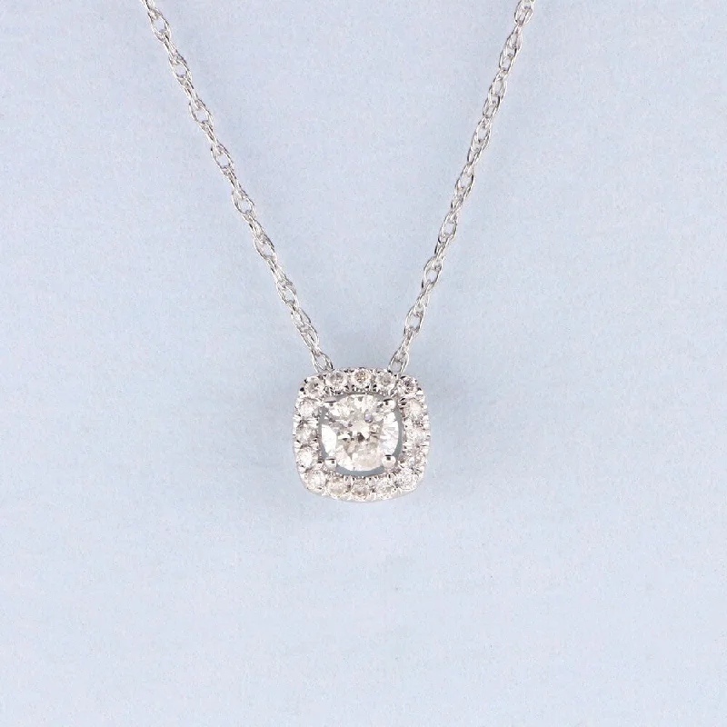 Solid link necklaces-1/6ct TDW Round Shape Diamond Halo Necklace in 10k Gold by De Couer