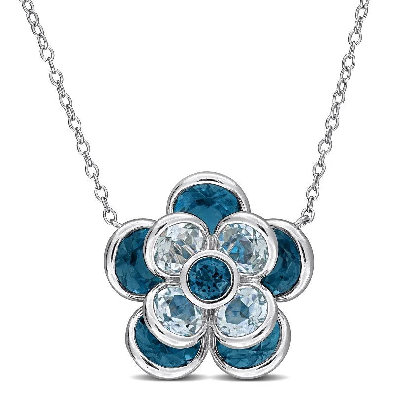 Bead-twisted necklaces-Miadora 7 1/3ct TGW London Sky Blue Topaz Flower Necklace Sterling Silver