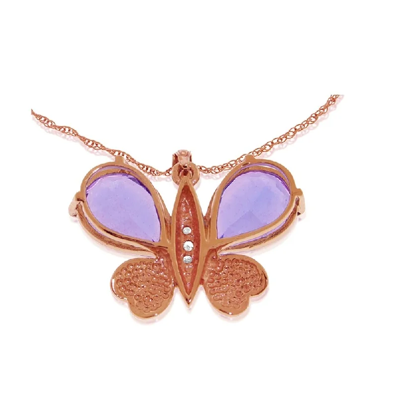 Wide chain necklaces-14K Solid Rose Gold Batterfly Necklace with Natural Diamonds & Amethysts