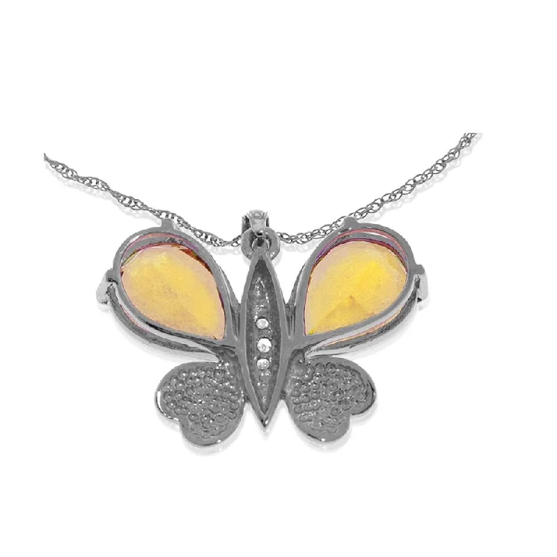 Ethnic weave necklaces-14K Solid White Gold Batterfly Necklace withNatural Diamonds & Citrines