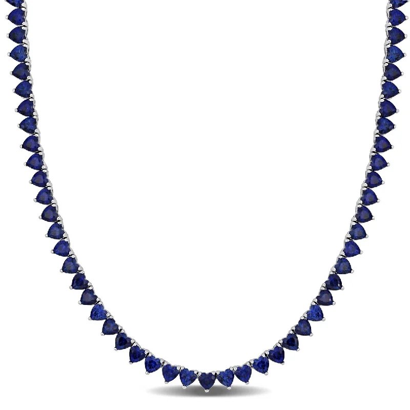 Layered chain necklaces-Miadora 31 1/5ct TGW Heart Created Blue Sapphire Tennis Necklace Sterling Silver