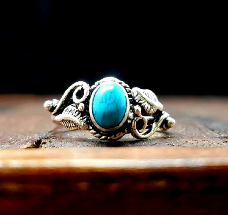 Textured letter rings-Turquoise Botanical Ring