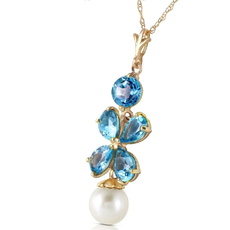 Ruby gem necklaces-3.65 Carat 14K Solid Gold Seafoam Blue Topaz pearl Necklace