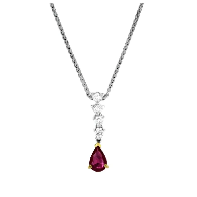 Rustic charm engagement rings-18ct Gold Yellow and White Gold Teardrop Ruby and Diamond Pendant and Chain