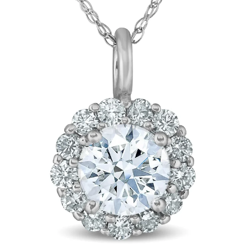 Minimal gem necklaces-1 Ct Halo Diamond Pendant Necklace 18" White Gold