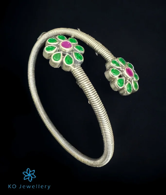 Victorian style bangles-The Green Flowers Silver Flexible Open Bracelet