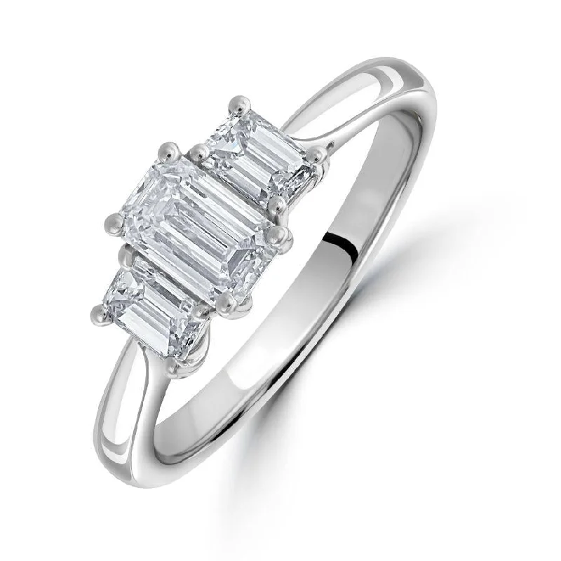 Mixed metal engagement rings-Platinum Emerald Cut Diamond Trilogy Ring