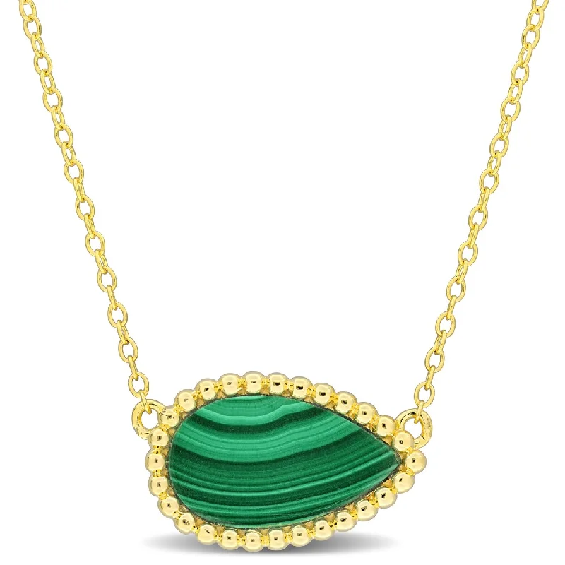 Aged charm necklaces-Miadora 4ct TGW Pear Shape Malachite Necklace Beaded Halo Yellow Silver: 17 in