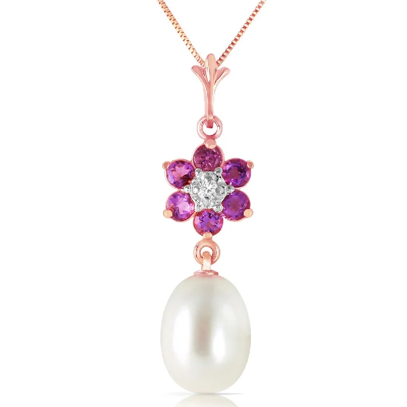 Worn style necklaces-4.53 Carat 14K Solid Gold Necklace Natural Pearl, Amethyst Diamond