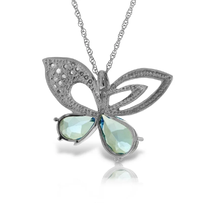 Pure crystal necklaces-14K Solid White Gold Batterfly Necklace with Natural Diamonds & Blue Topaz