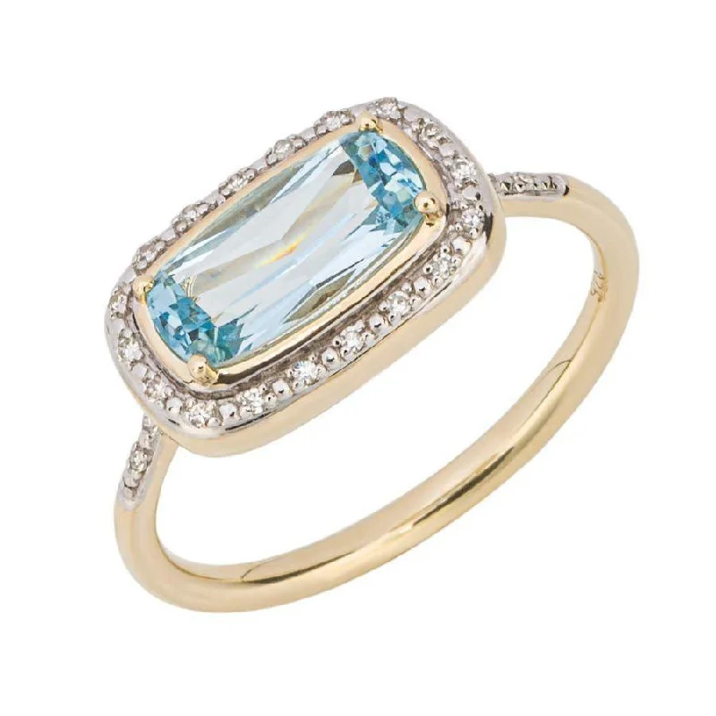 Double gem engagement rings-9ct Yellow Gold Rectangular Cut Blue Topaz & Diamond Halo Cluster Ring