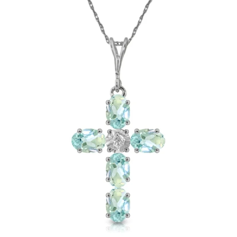 Sapphire gem necklaces-1.75 Carat 14K White Gold Cross Necklace Natural Diamond Aquamarine