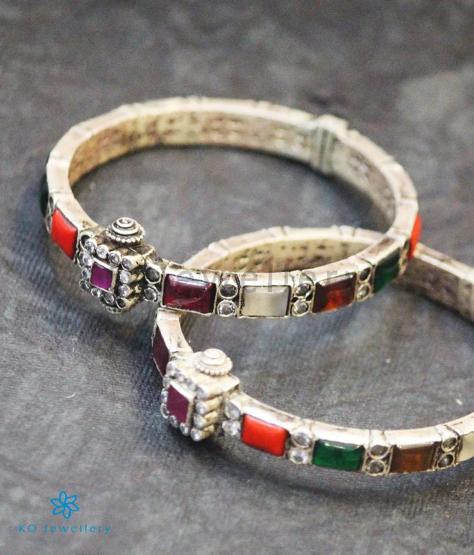 Light filigree bangles-The Vaidehi Silver Navaratna Bracelet (Oxidised/Size/2.2/2.4/2.6/2.8)