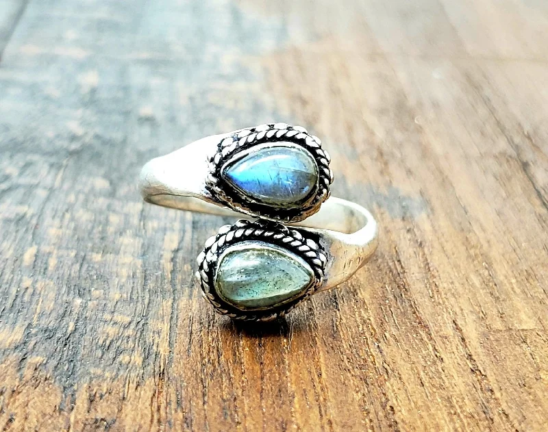 Bold druzy rings-Adjustable Labradorite Teardrop Ring