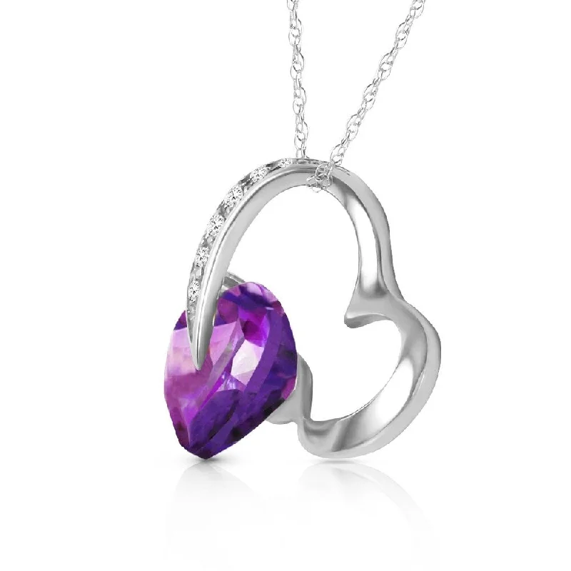 Shiny charm necklaces-14K Solid White Gold Heart Necklace with Natural Diamond & Amethyst