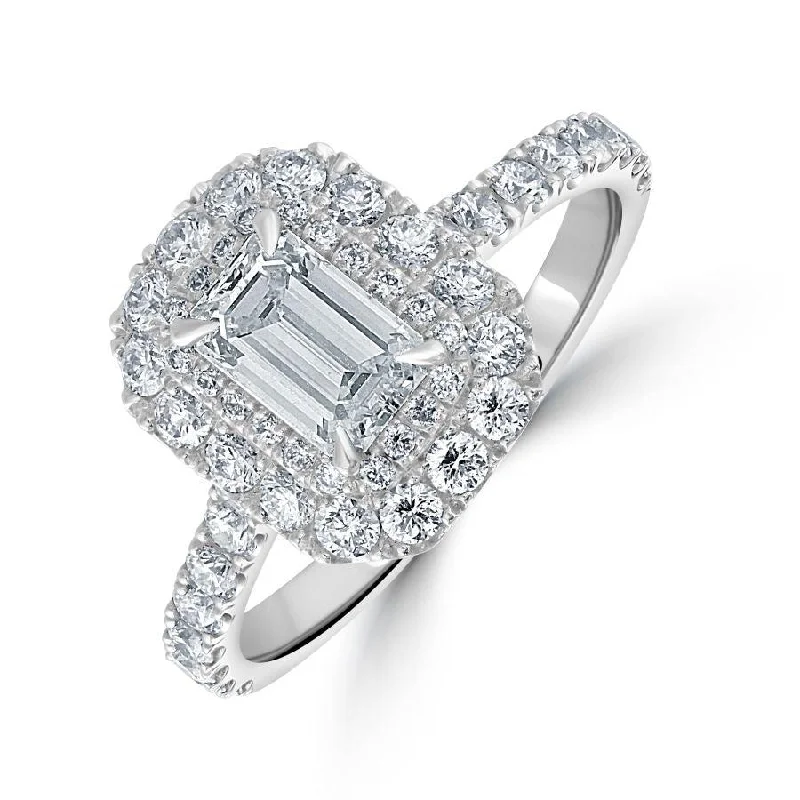 Oval diamond engagement rings-Platinum Emerald Cut Diamond Double Halo Cluster Ring with Diamond Shoulders