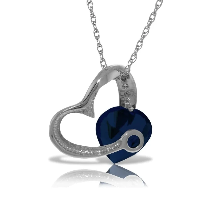 Woven tribal necklaces-14K Solid White Gold Heart Necklace with Natural Diamond & Sapphire