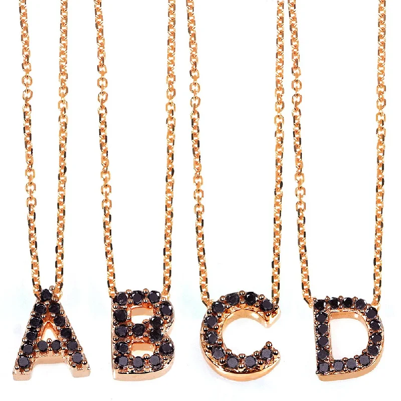 Luxe stone necklaces-Annello by Kobelli Rose Gold Black Diamond Accent Mini Initial Letter Necklace