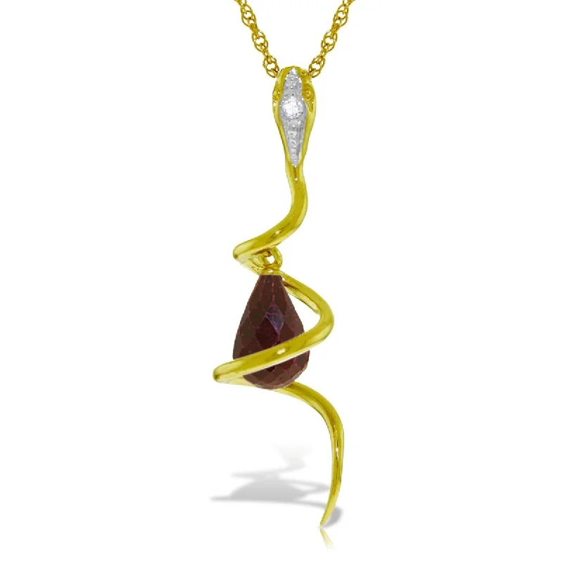 Frosted bead necklaces-2.28 Carat 14K Solid Gold Snake Necklace w/ Dangling Ruby & Diamond