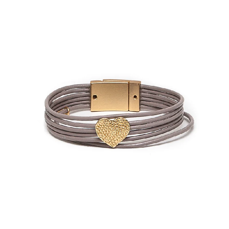 Tribal medallion bangles-Pom Taupe Leather Bracelet with Golden Dotty Heart