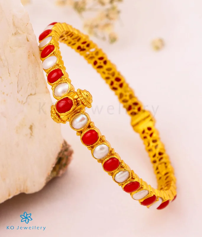 Petal carved bangles-The Kripa Silver Bracelet (Pearl/Coral/Size 2.4)