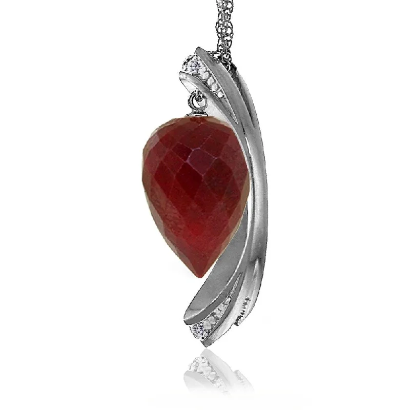 Leaf charm necklaces-14K Solid White Gold Necklace withDiamonds & Briolette Pointy Drop Dyed Ruby