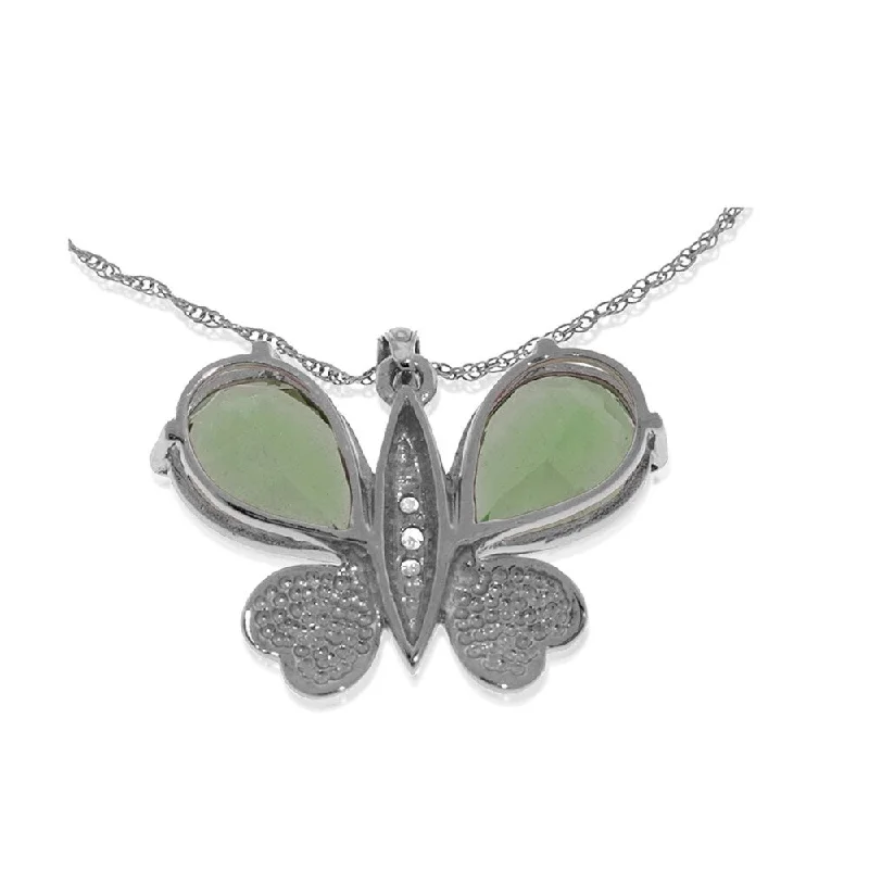 Silk fringe necklaces-14K Solid White Gold Batterfly Necklace with Natural Diamonds & Green Amethysts