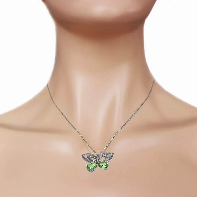 Rustic silver necklaces-14K Solid White Gold Batterfly Necklace with Natural Diamonds & Peridots