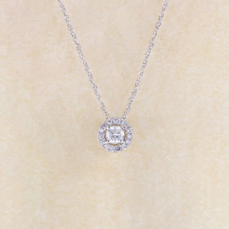 Ethnic weave necklaces-1/6ct TDW Round Shape Diamond Solitaire Halo Necklace in 10k Gold by De Couer