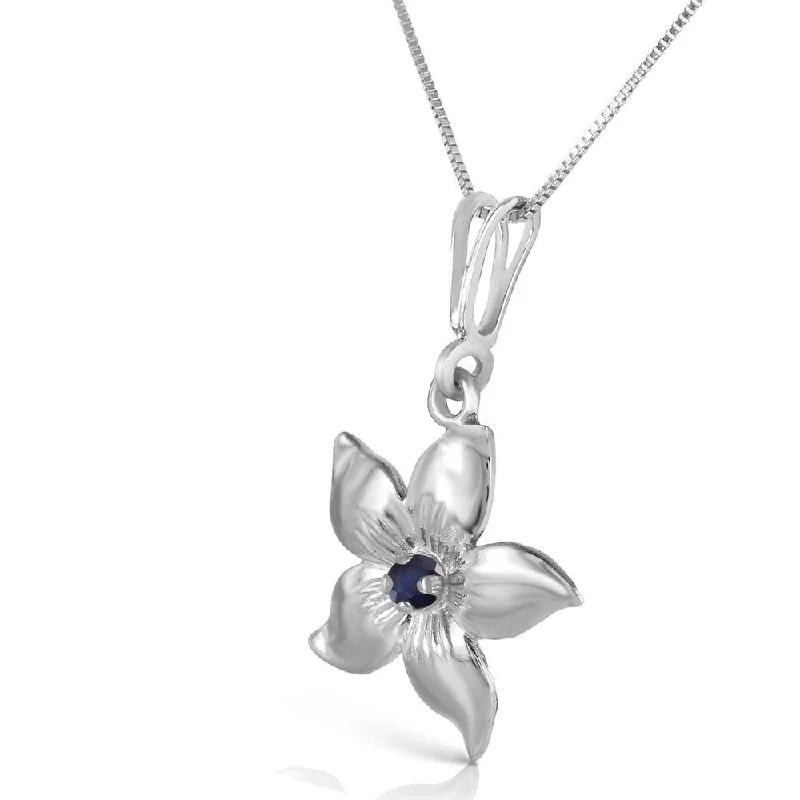 Sleek gold necklaces-0.1 Carat 14K Solid White Gold Flower Necklace Natural Sapphire