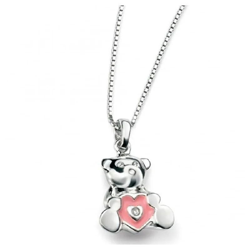 Peace gem engagement rings-Silver & Pink Enamel Diamond Set Teddy Bear Pendant