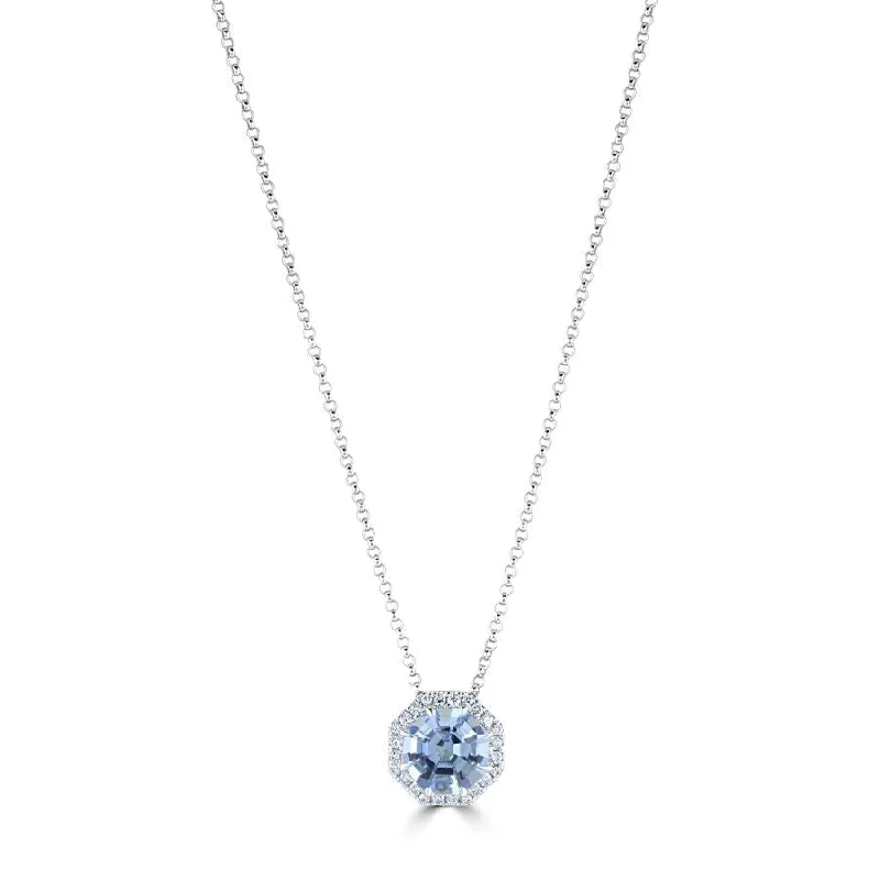 Endless stone engagement rings-18ct White Gold Santa Maria Aquamarine & Diamond Octagonal Halo Cluster Pendant