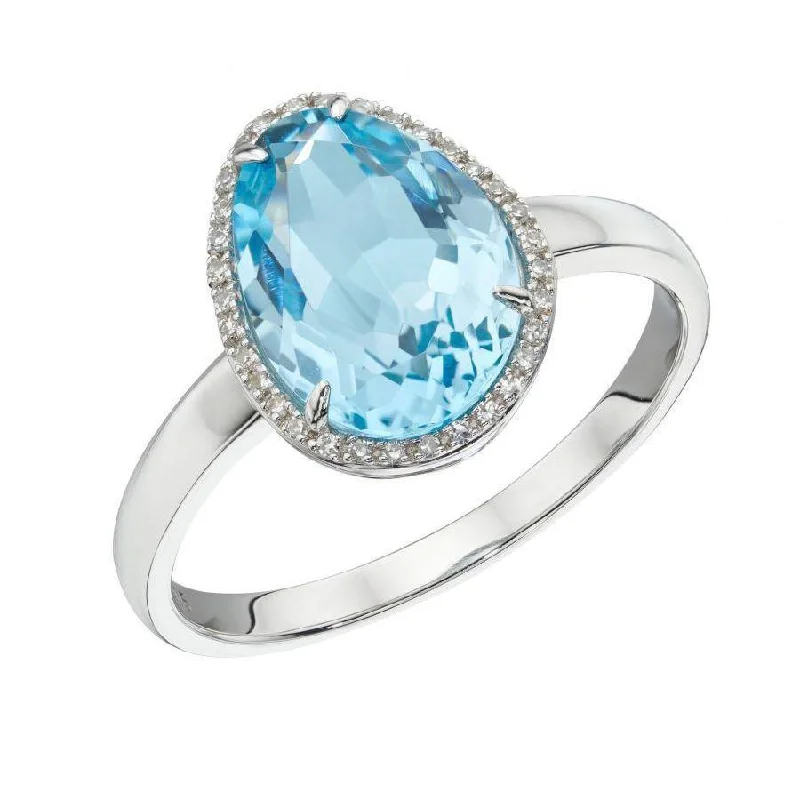 Peace gem engagement rings-9ct White Gold Irregular Cut Blue Topaz & Diamond Halo Cluster Ring